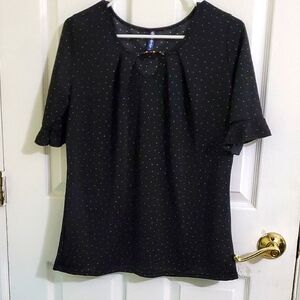 Emily Stacy Black Polka Dot Ruffled Sleeves Grandma Office Jersey Top L